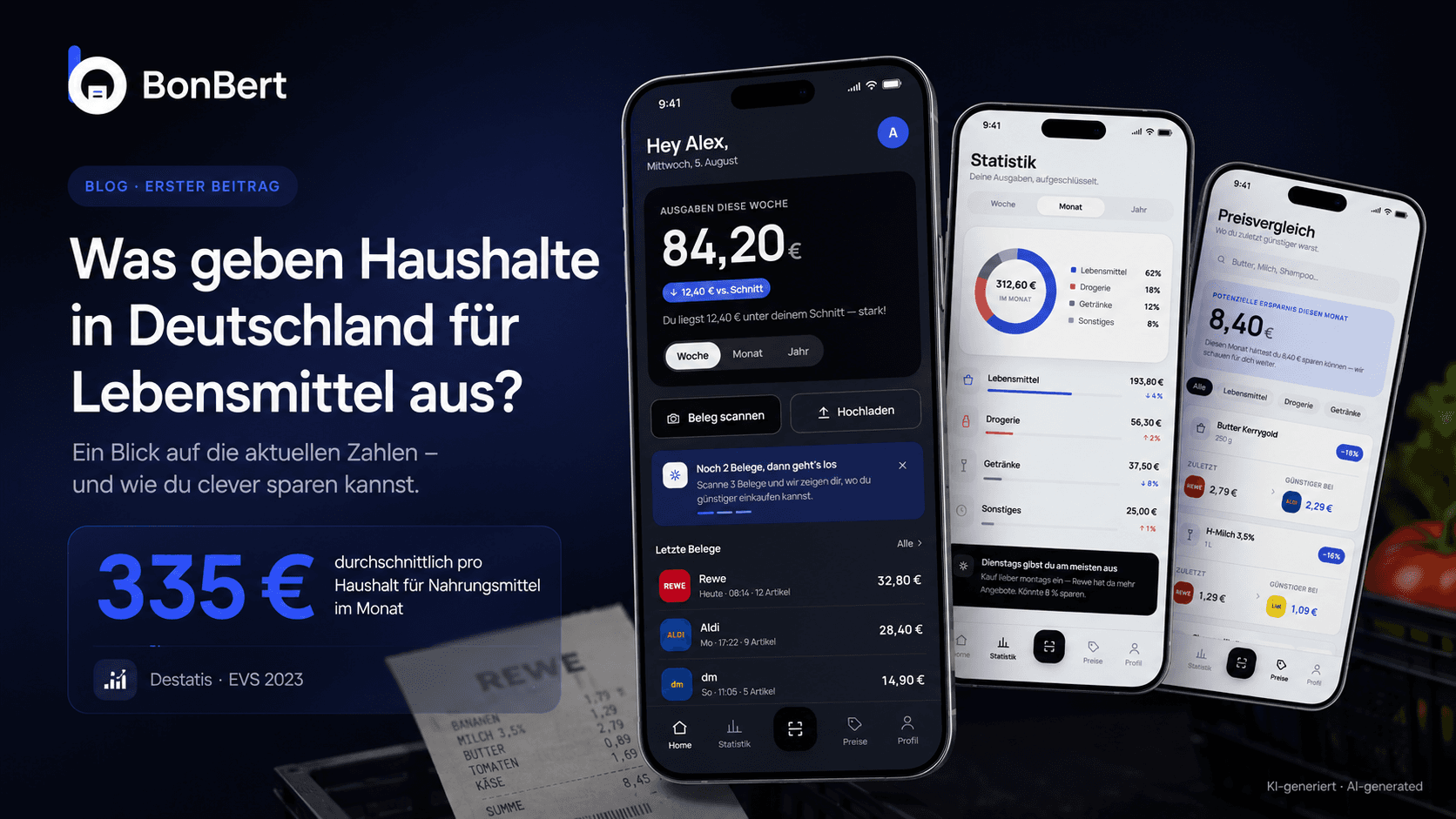 BonBert app showing spending statistics and price comparisons for monthly grocery costs in Germany