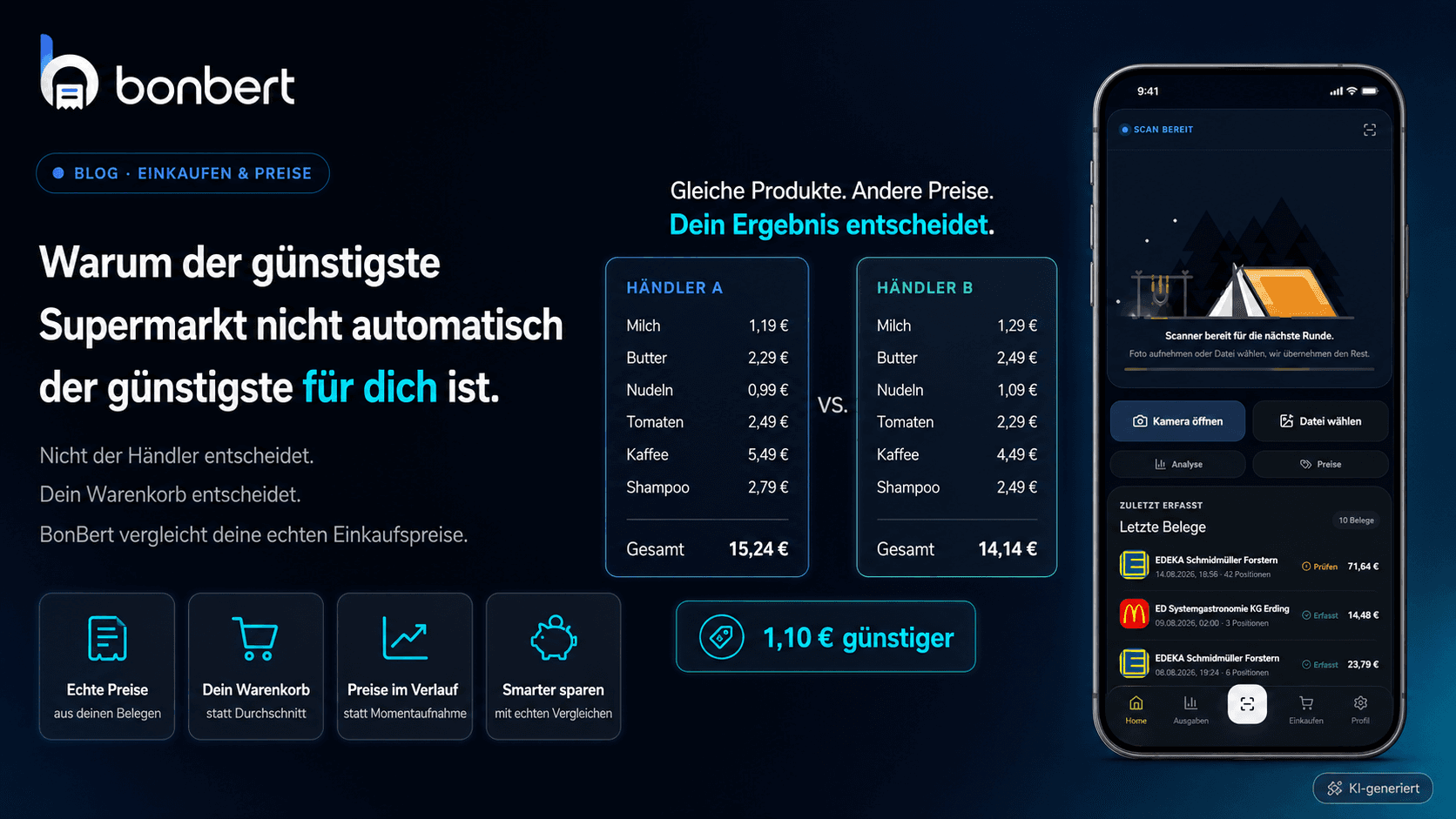 BonBert vergleicht Preise aus persönlichen Einkäufen und zeigt Unterschiede zwischen Produkten und Händlern