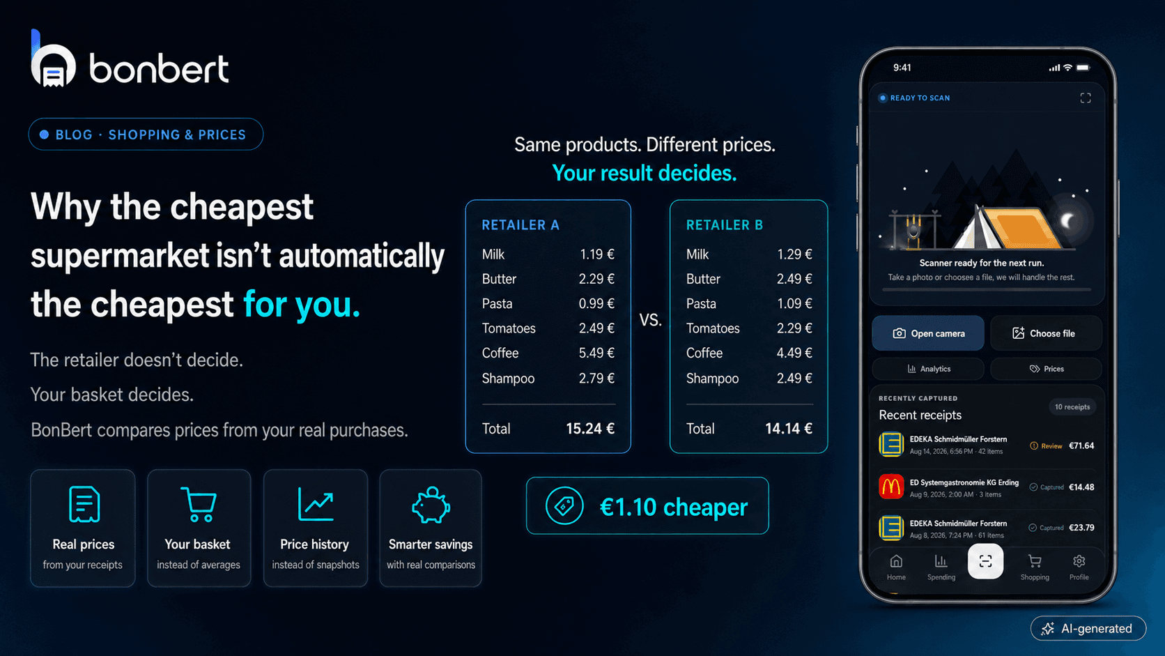 BonBert comparing prices from personal shopping history across products and retailers