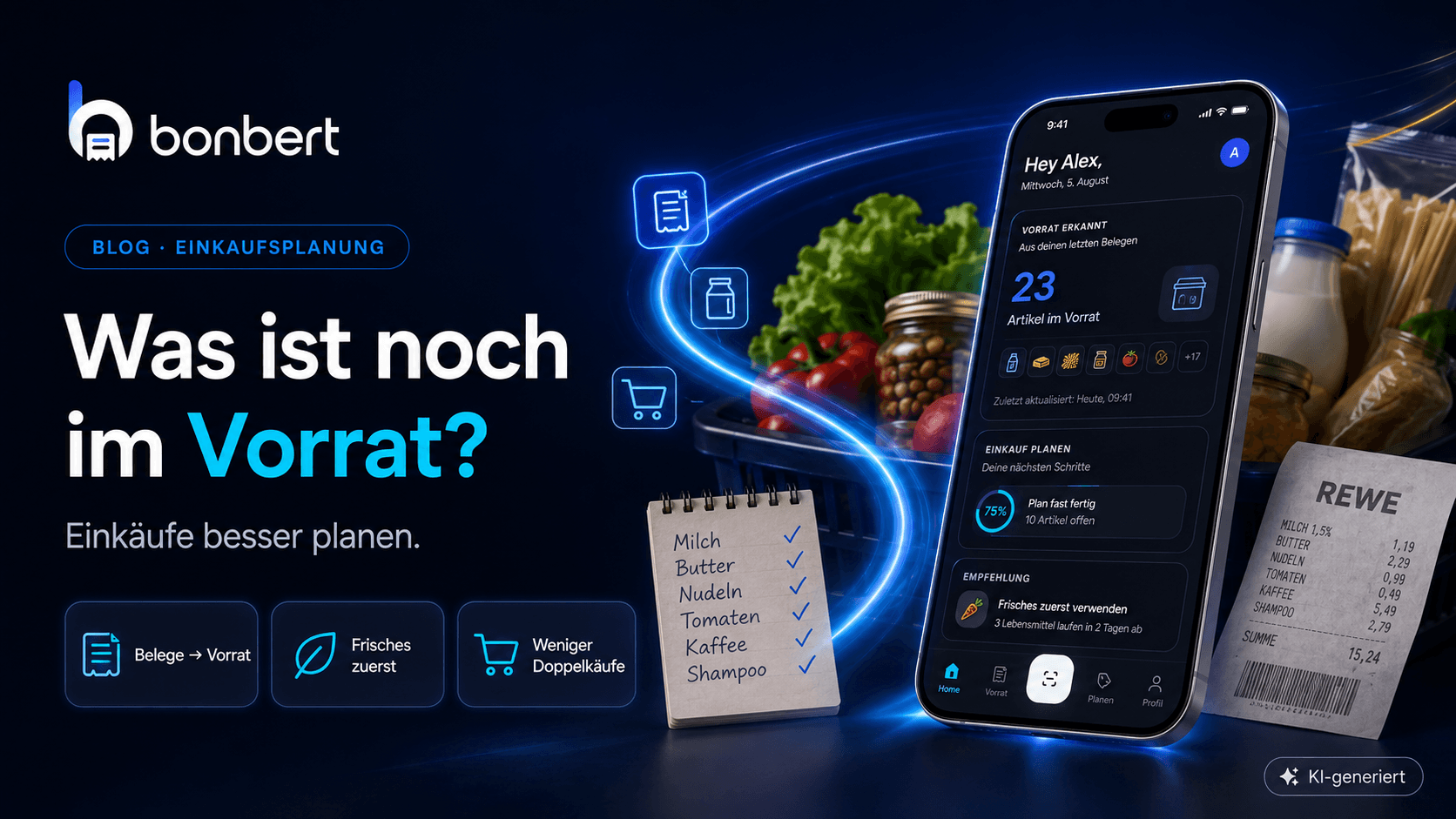 BonBert Hero-Grafik zur Einkaufsplanung mit App-Screen, Vorrat, Einkaufsliste und digitalem Datenfluss rund um den abgeleiteten Vorrat.