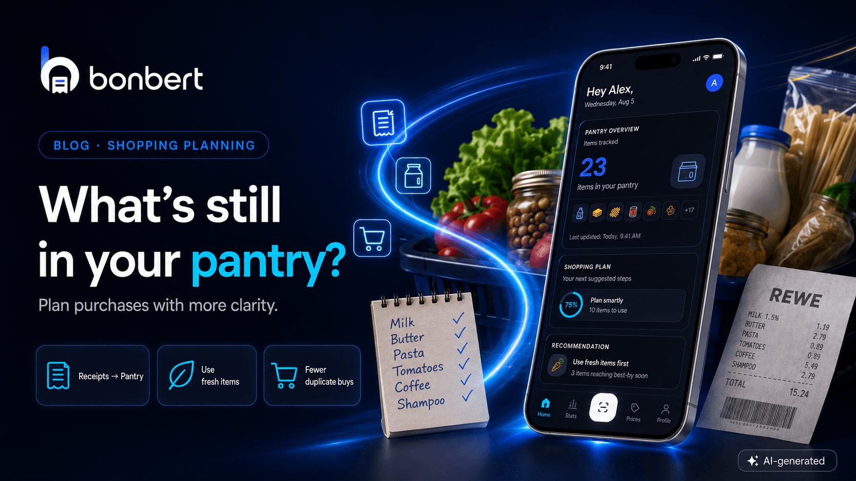 BonBert hero visual for shopping planning with app screen, pantry items, shopping list and a digital data flow around inferred pantry data.
