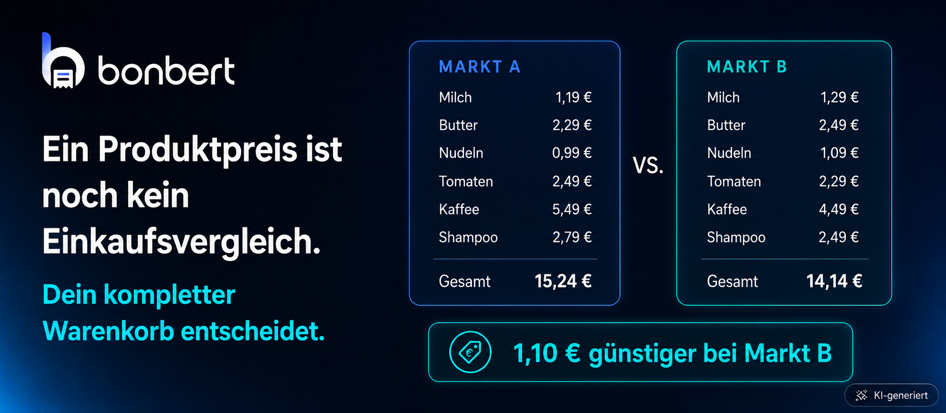 Beispielhafter Preisvergleich eines Warenkorbs zwischen Händler A und Händler B