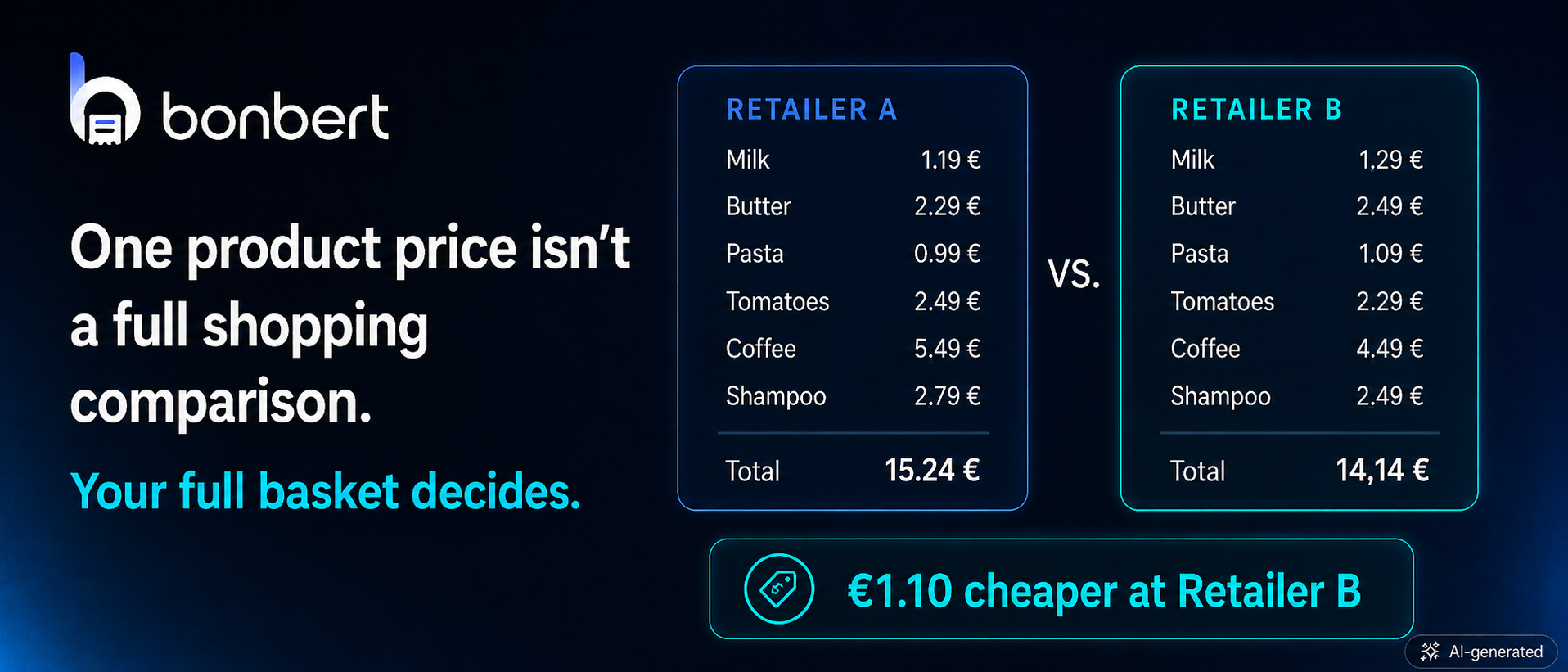 Example basket price comparison between Retailer A and Retailer B