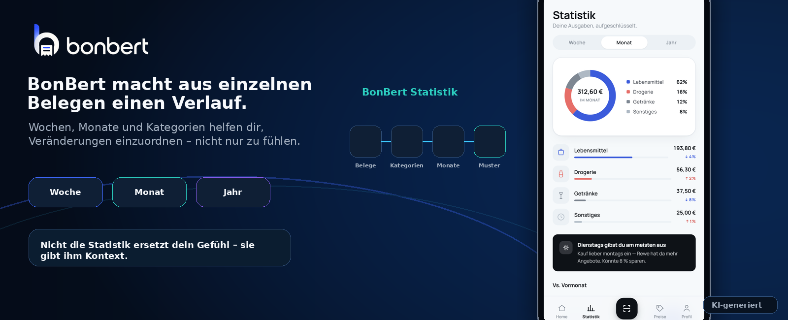 BonBert Statistik mit Wochen-, Monats- und Kategorieauswertung der eigenen Einkäufe