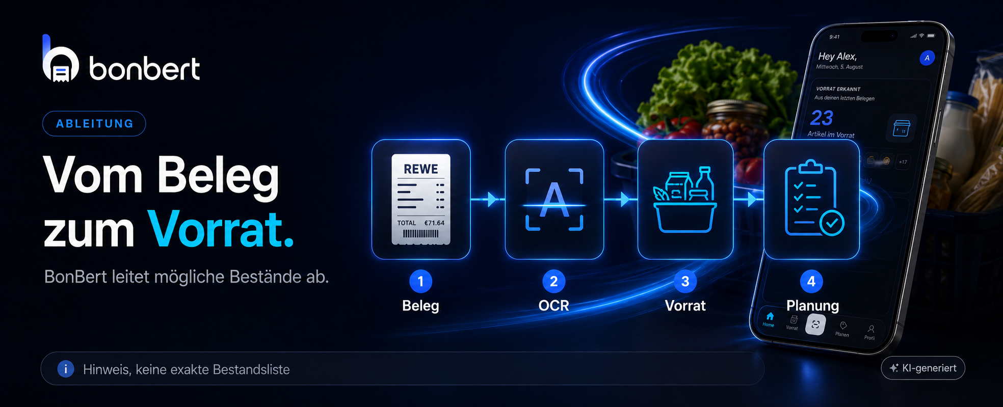 BonBert Workflow vom Beleg über OCR und Vorrat bis zur Einkaufsplanung.