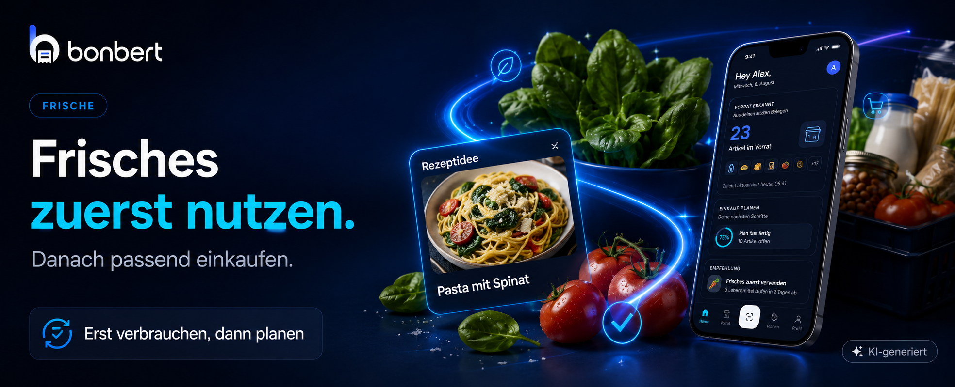 BonBert visualisiert frische Zutaten wie Spinat und Tomaten sowie eine passende Rezeptidee.