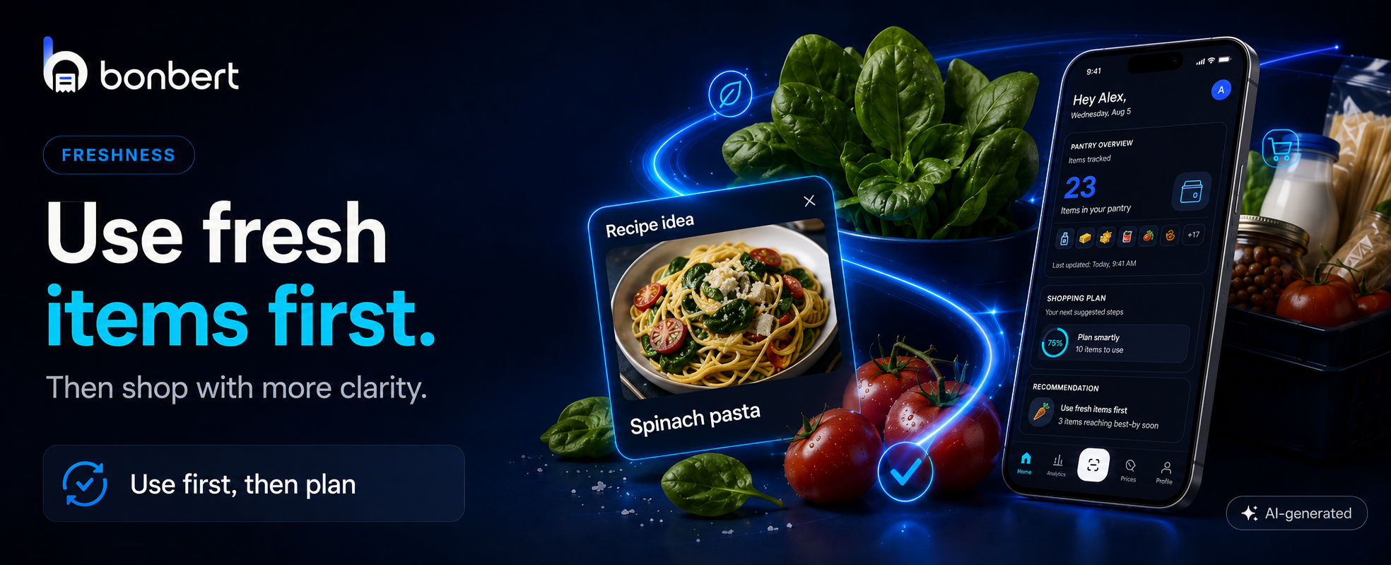 BonBert highlighting fresh items first and suggesting a fitting meal idea with spinach and tomatoes.