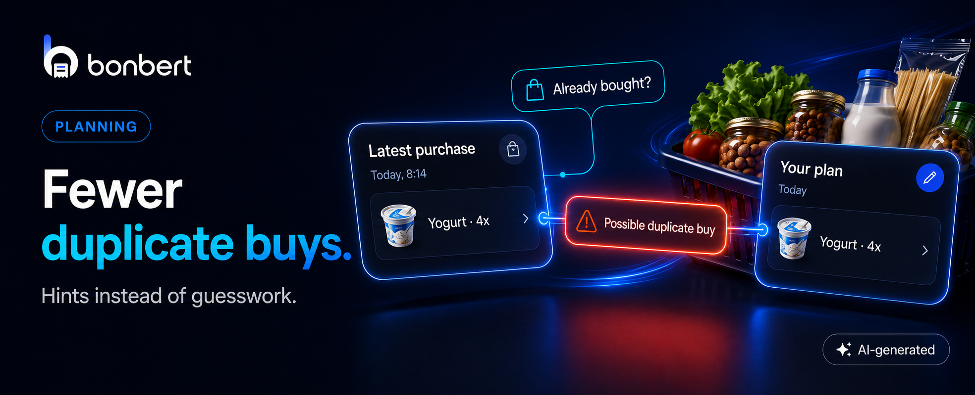 Visual example of a possible duplicate purchase warning between a latest purchase and the current shopping plan.